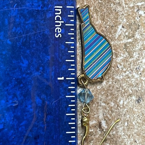 HANDMADE ARTISAN Blue Bird Striped Enamel Gold Tone Metal Earrings Dangle Hooks - Picture 4 of 6